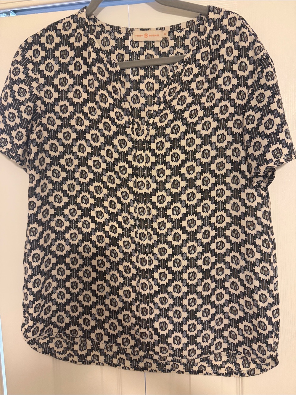 Tory Burch Black and White Geo Print Short Sleeve Top
